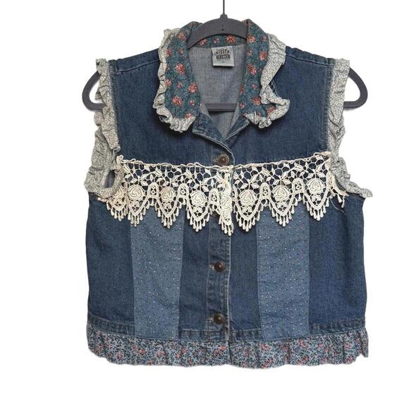 Jackets & Blazers - Vintage 80s Denim CottageCore Vest with Crochet Lace and Floral Ruffle Collar